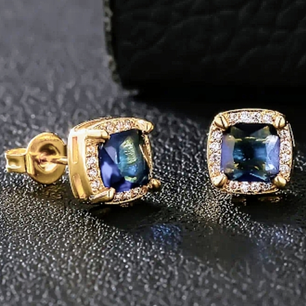 Sapphire Blue & Clear CZs Stud Earrings